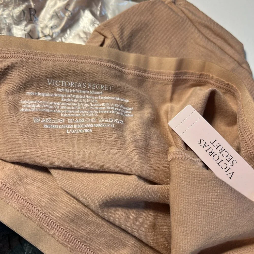 Victoria Secret Large L Brief Panties High Waist Leg Cotton Black & Beige - Picture 2 of 3